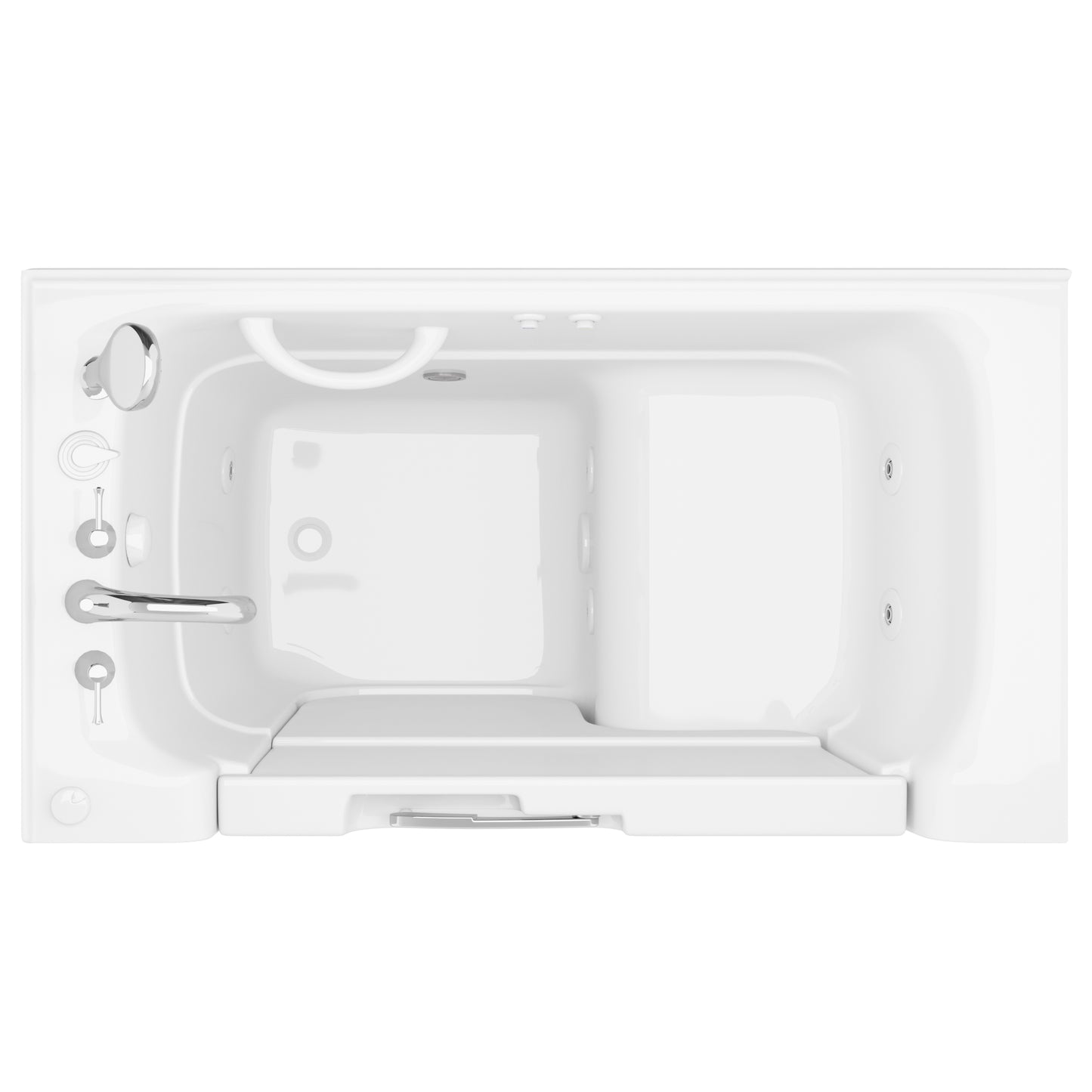 MediTub 29x52 white whirlpool jetted bathtub with left drain and powered fast drain, top-down view