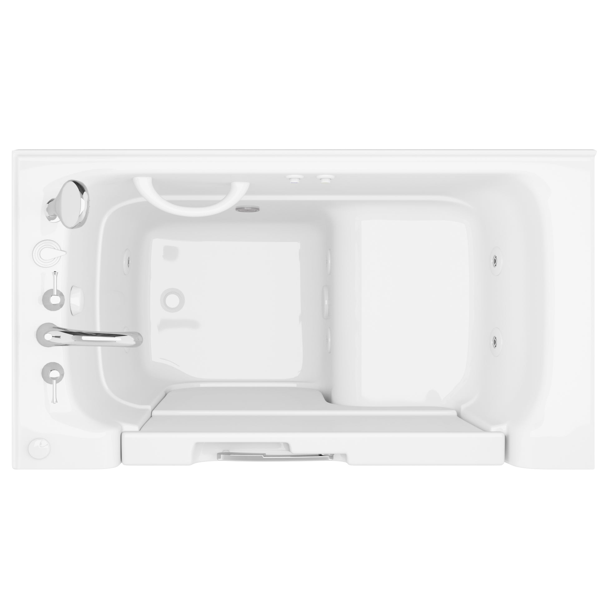 MediTub 29x52 white whirlpool jetted bathtub with left drain and powered fast drain, top-down view