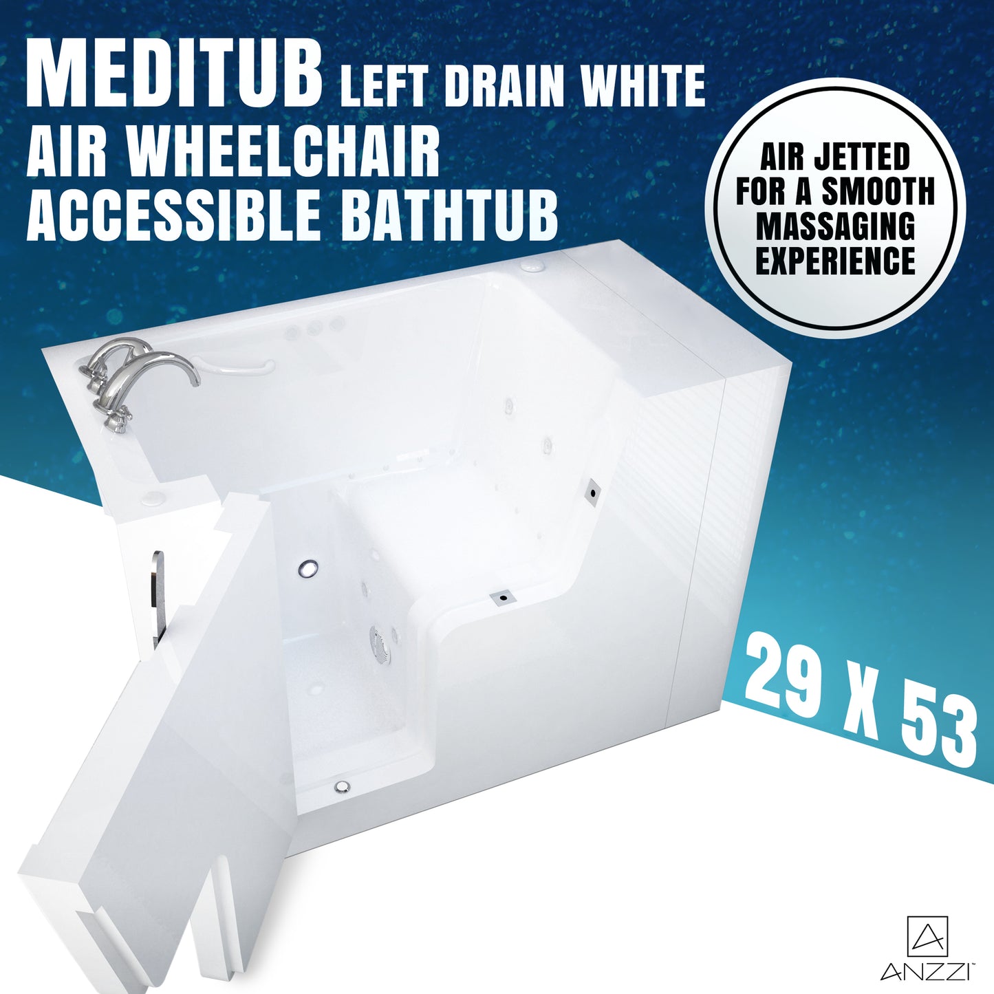 MediTub white wheelchair-accessible bathtub with left drain, whirlpool and air jets