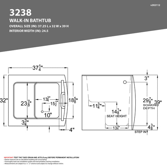Coupe Series 32 in. x 38 in. Right Swinging Door Walk-In Soaking Tub with Right Swinging Door in White