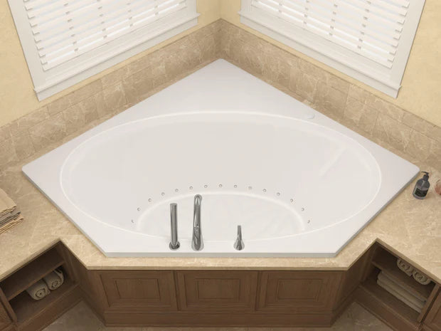 Mali Series 83 in. x 62 in. Corner Air Bathtub with Center drain and Aromatherapy Bubbles in Glossy Smooth White
