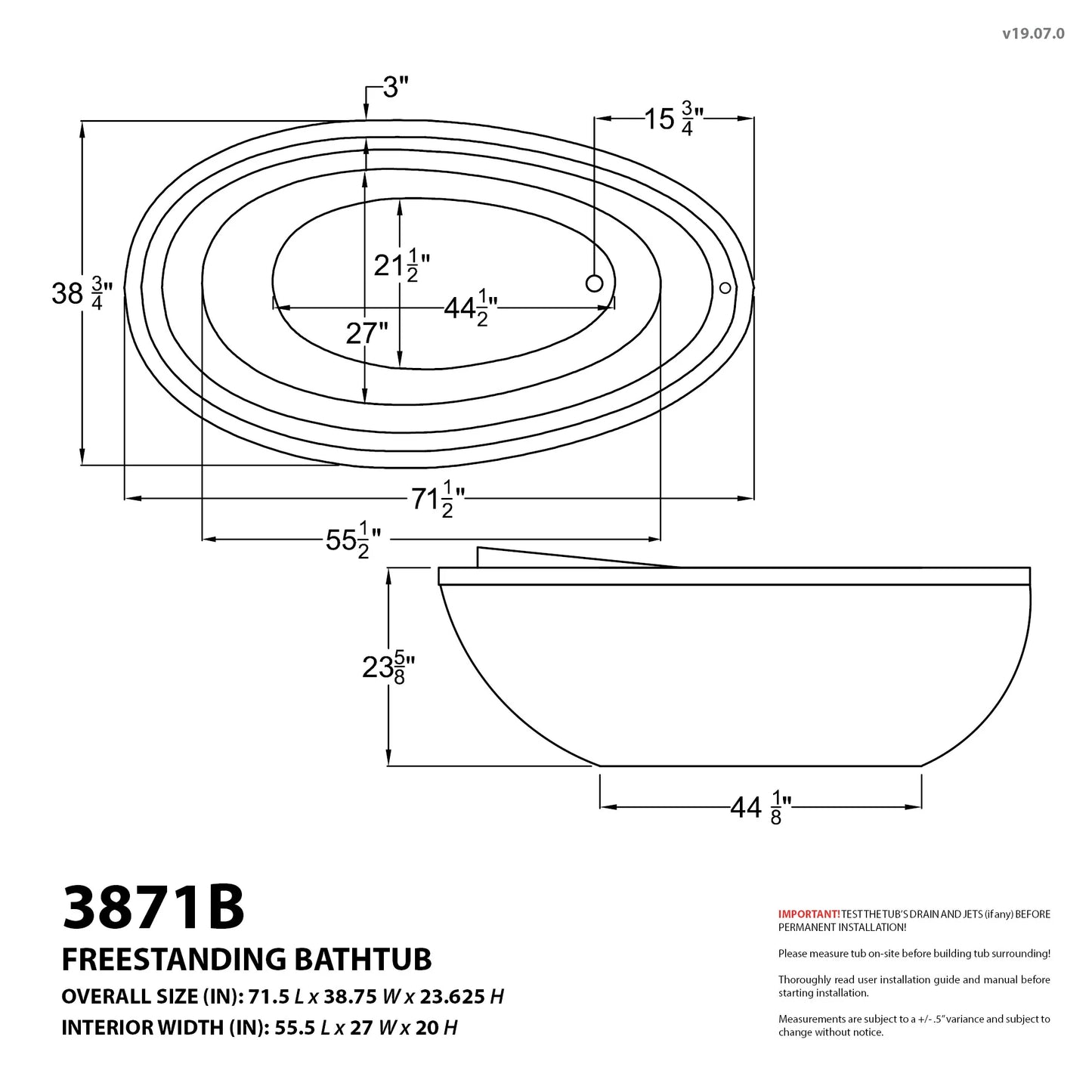 Leni Series 71 in. x 38 in. Jetted Whirlpool 54 Gallon Capacity Freestanding Bathtub with Reversible Drain in White