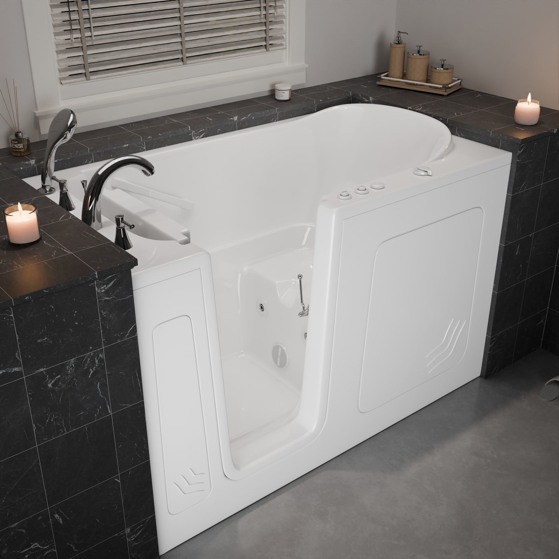 MediTub white 32x60 whirlpool jetted bathtub with left drain, dark marble surround