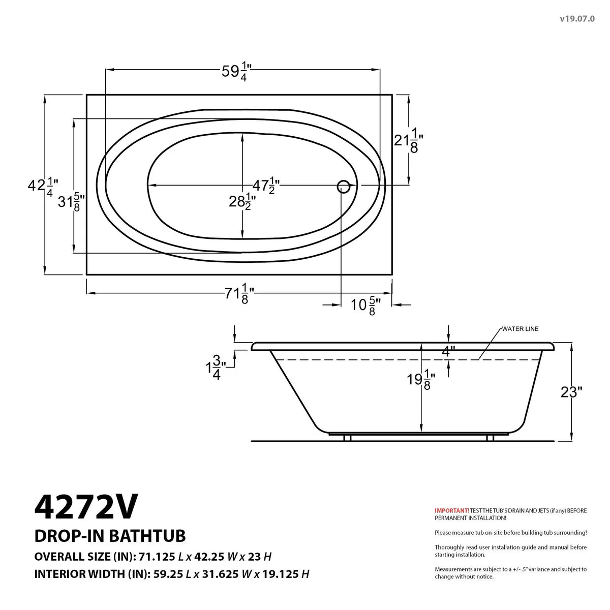 Vogue 42 x 72 Rectangular Air Jetted Bathtub with Reversible Drain