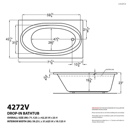 Vogue 42 x 72 Rectangular Air Jetted Bathtub with Reversible Drain