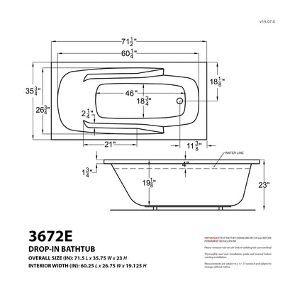 Eros 36 x 72 Rectangular Air & Whirlpool Jetted Bathtub with Reversible Drain