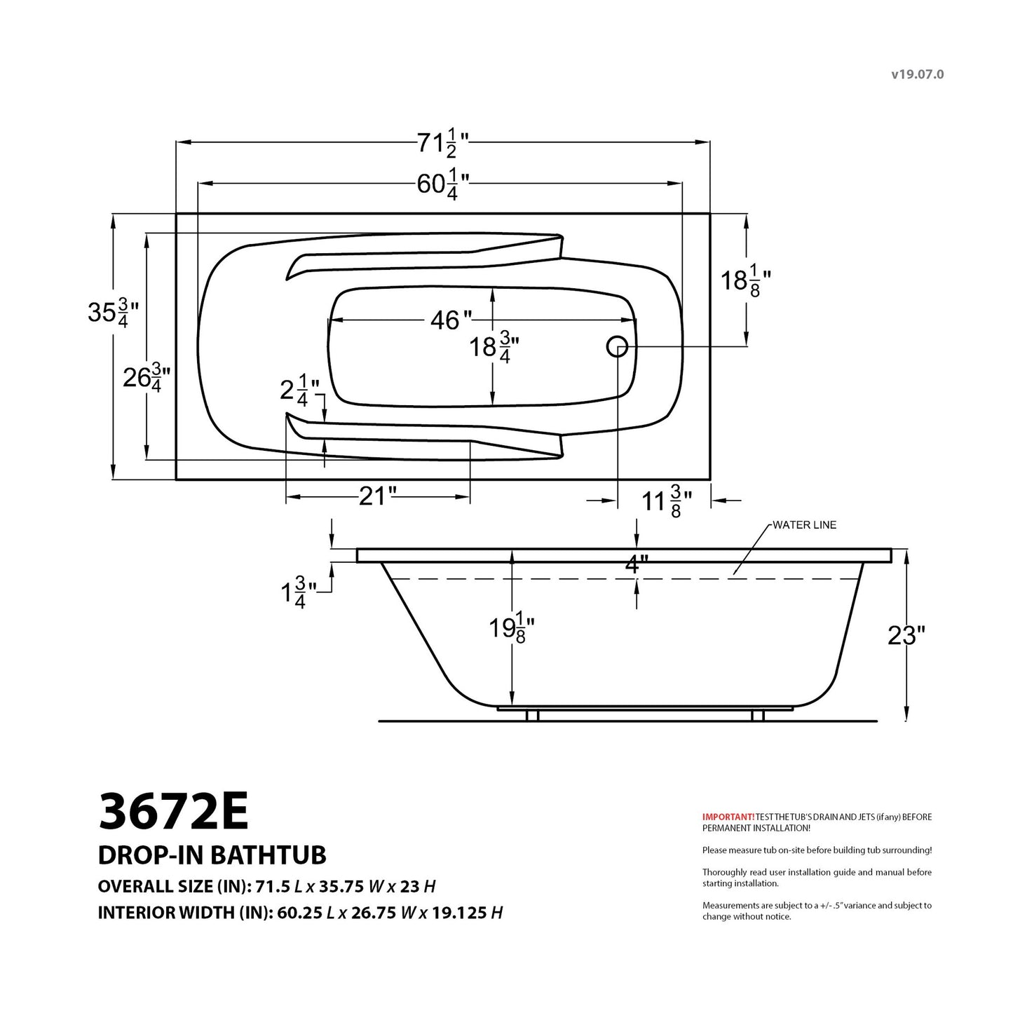 Eros 36 x 72 Rectangular Air and Whirlpool Jetted Bathtub in White with Reversible Drain