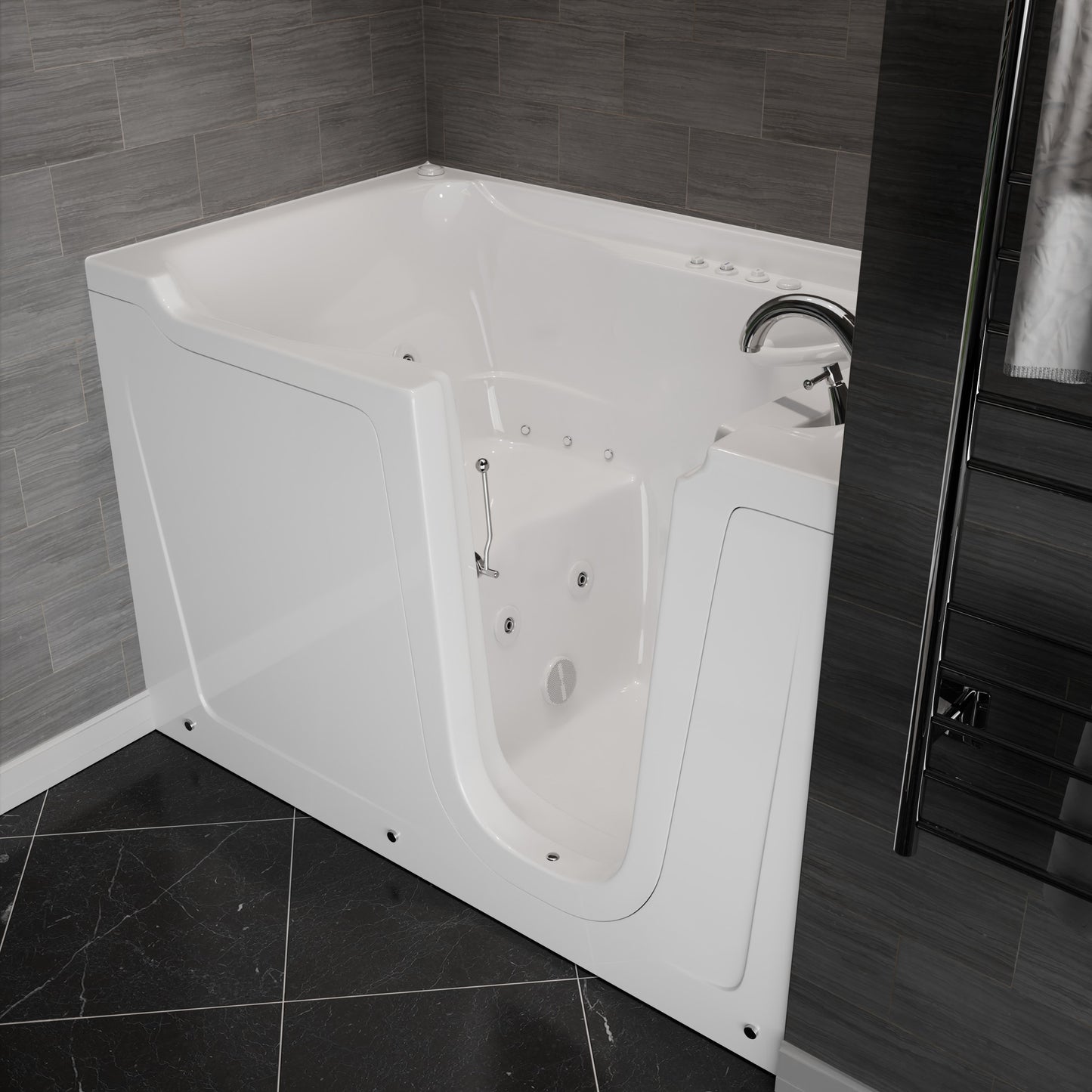 MediTub white 36x60 right-drain walk-in whirlpool tub with jets in a tiled alcove bathroom.