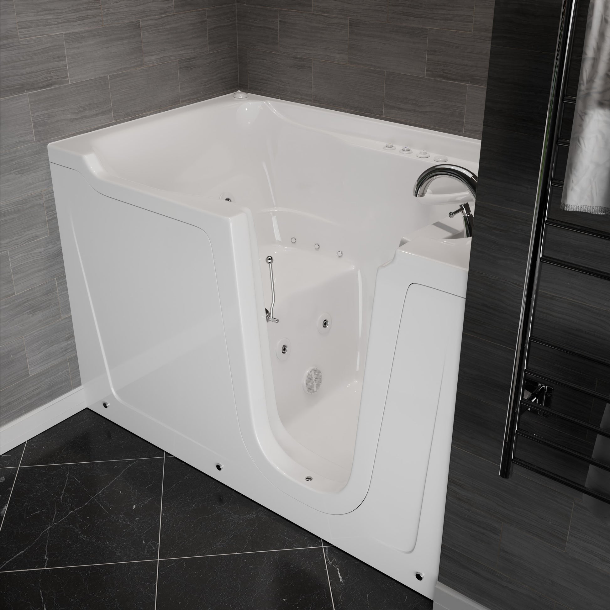 MediTub white 36x60 right-drain walk-in whirlpool tub with jets in a tiled alcove bathroom.
