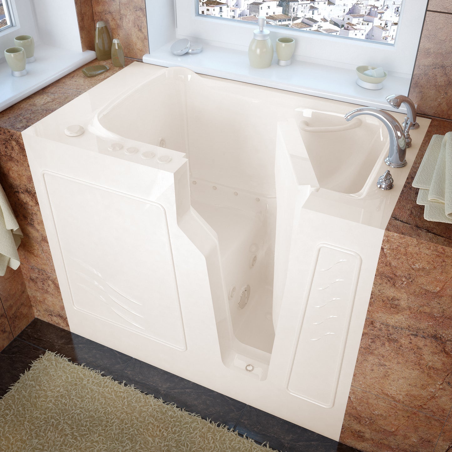 MediTub walk-in bathtub in biscuit color with right drain, whirlpool and air jets.