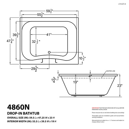 Neptune 48 x 60 Rectangular Air Jetted Bathtub with Reversible Drain