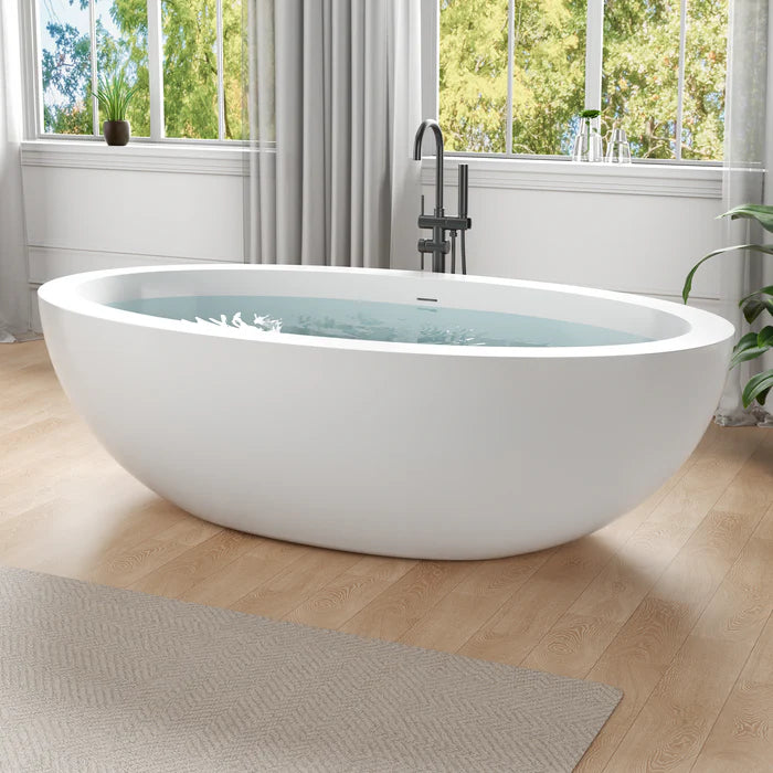 Lusso Series 76 in. x 41 in. Flat Bottom Solid Surface Freestanding Soaking Bathtub with Center Drain in Matte White