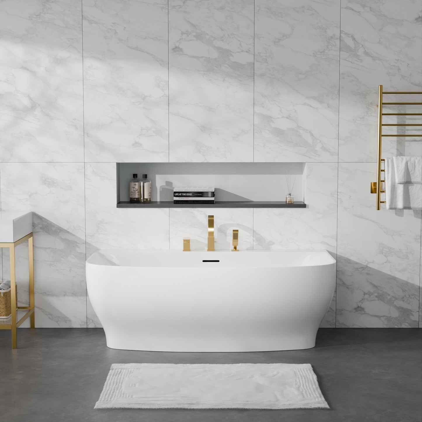 Bank Series 65 in. x 31 in. Flat Bottom Acrylic Freestanding Soaking Bathtub with Center Drain, Brushed Gold Faucet
