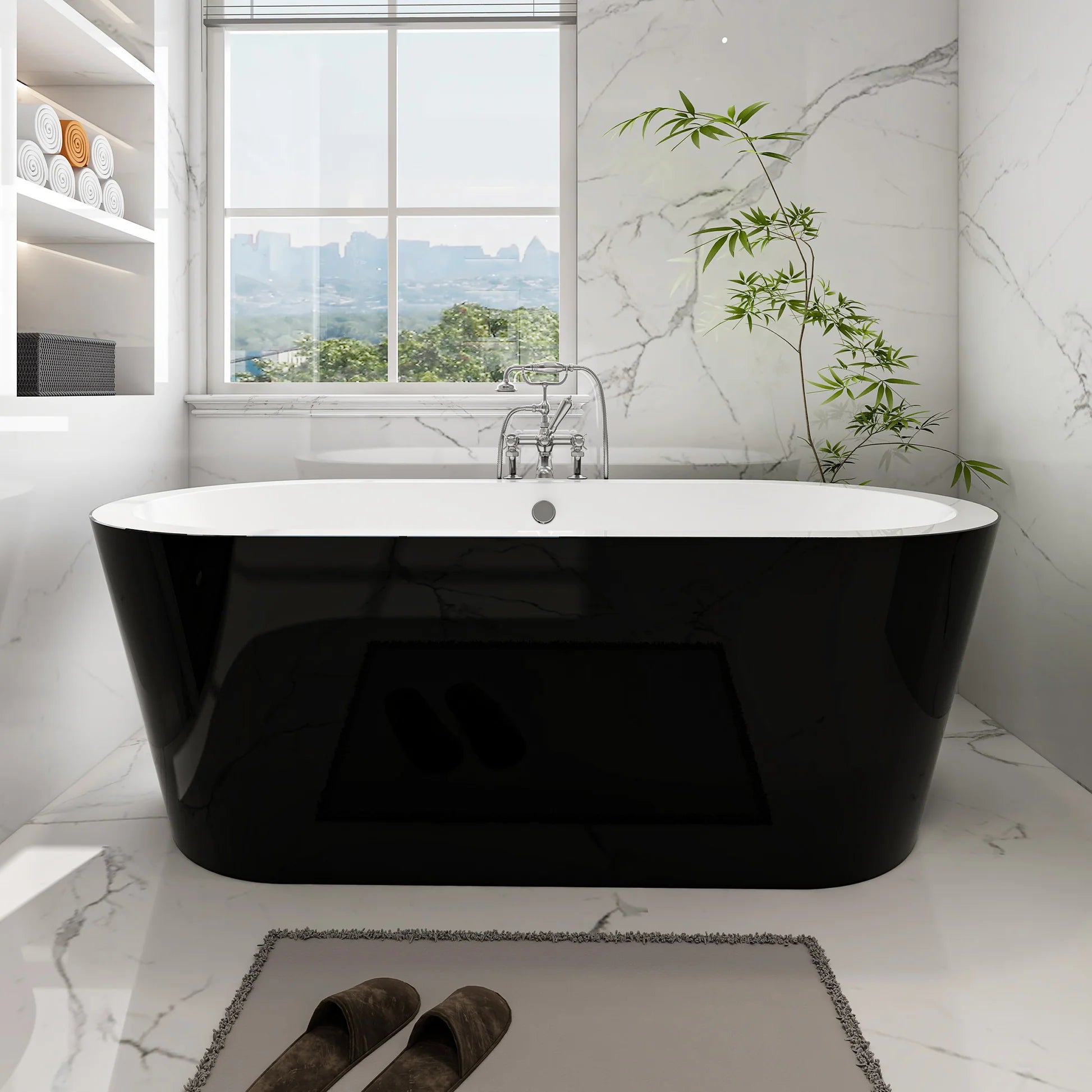 Flatbottom Freestanding Soaking Bathtub in Black/Polished Chrome by Vanity Art