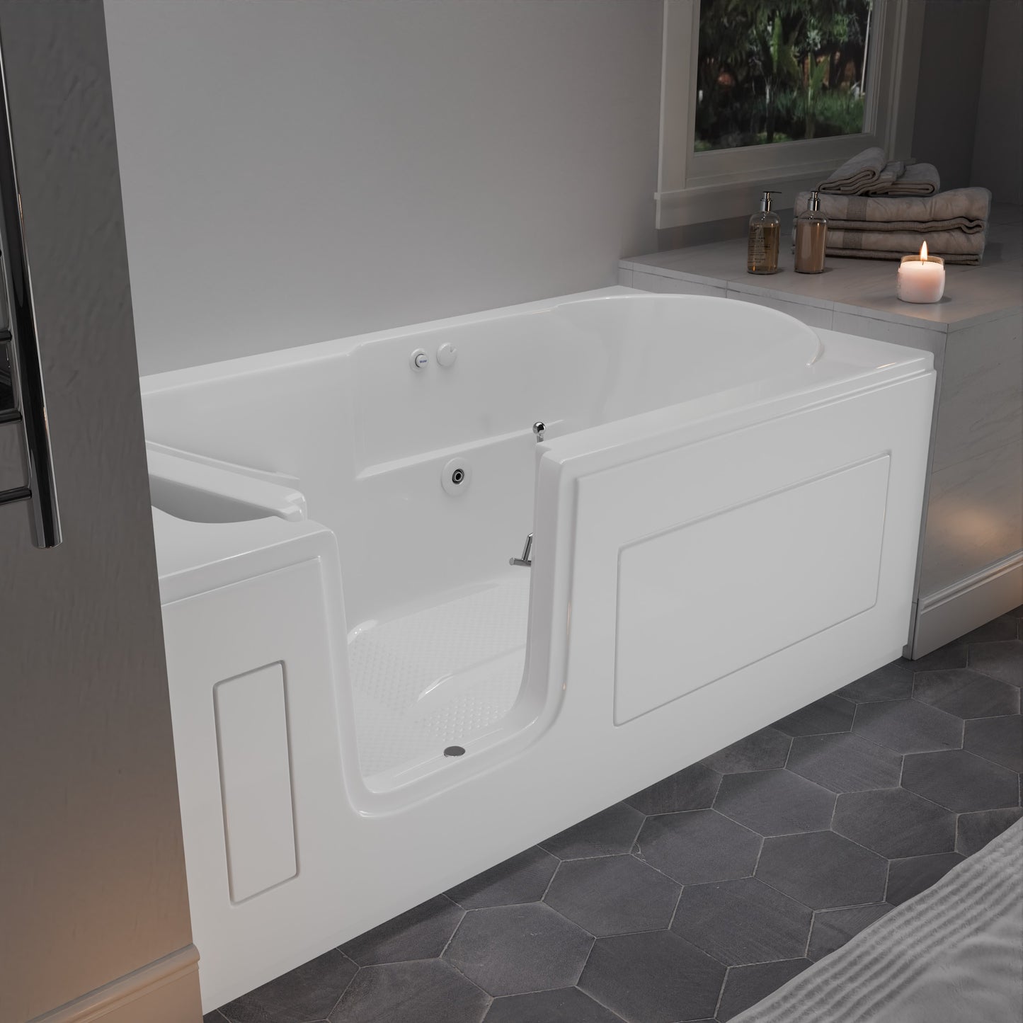 MediTub 30x59 left-drain step-in walk-in whirlpool tub, white, in bathroom with towels and a candle