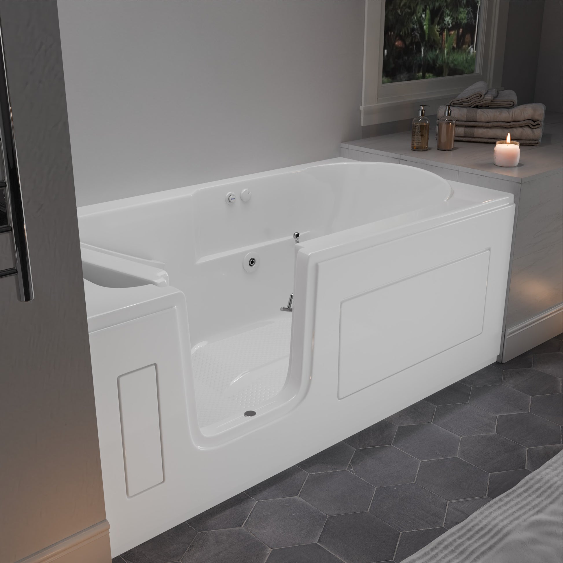 MediTub 30x59 left-drain step-in walk-in whirlpool tub, white, in bathroom with towels and a candle