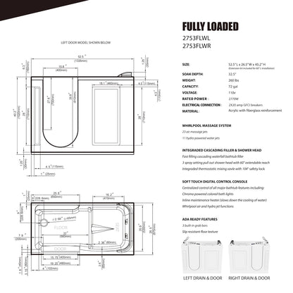 Left Drain FULLY LOADED Walk-in Bathtub with Air Jets and Whirlpool Massage Jets Hot Tub | Quick Fill Waterfall Tub Filler with 6 Setting Handheld Shower Sprayer | Including Aromatherapy, LED Lights, V-Shaped Back Jets, and Auto Drain | 2753FLWL