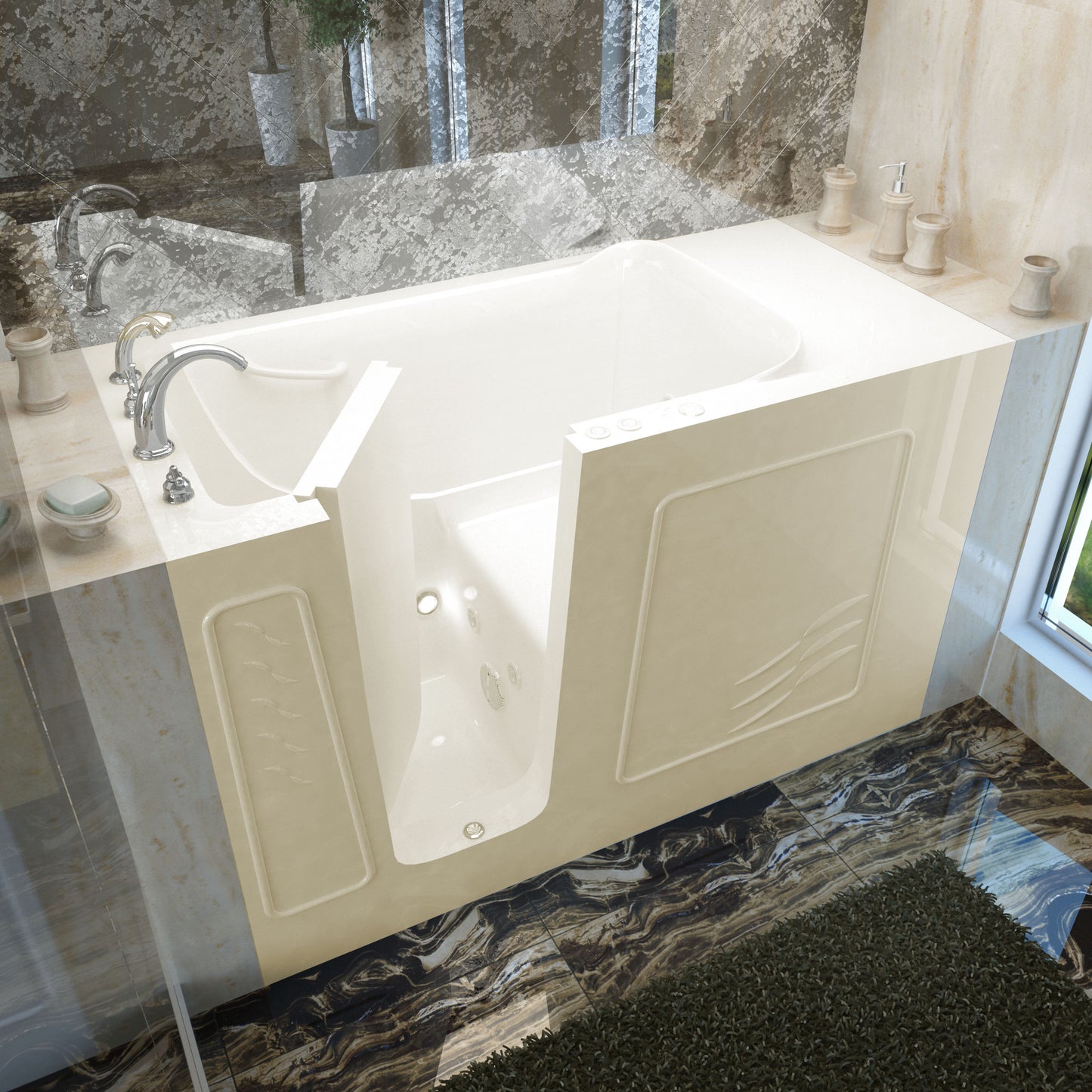 MediTub walk-in bathtub, biscuit color with left drain, chrome faucet and controls; whirlpool jets