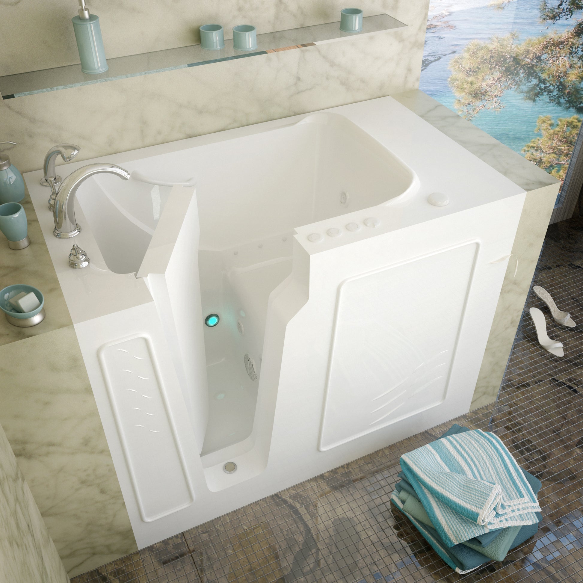 MediTub walk-in bathtub, white, left drain, with whirlpool and air jets.
