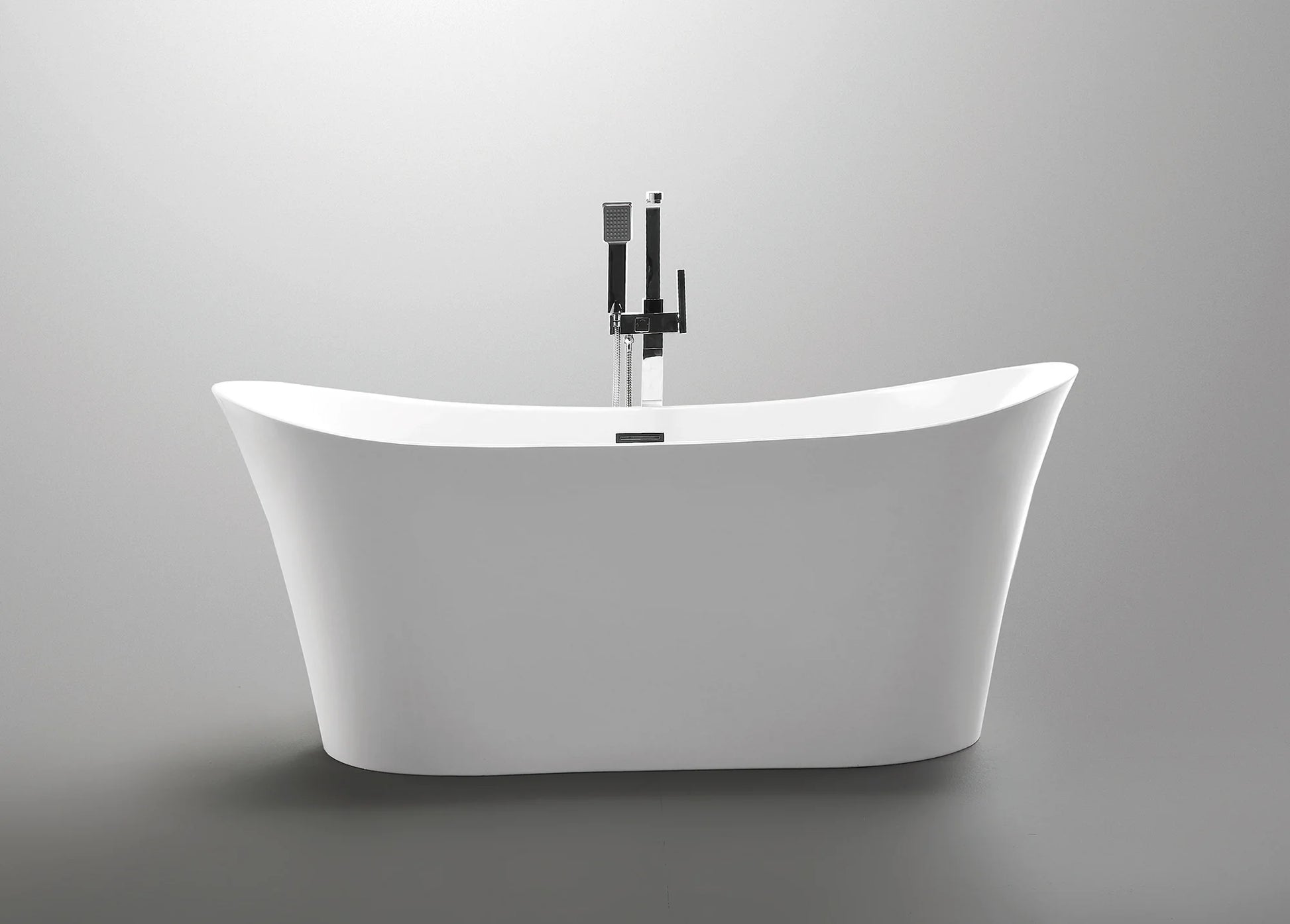 Anzzi Eft Series freestanding bathtub, white acrylic fiberglass reinforced, with chrome faucet.