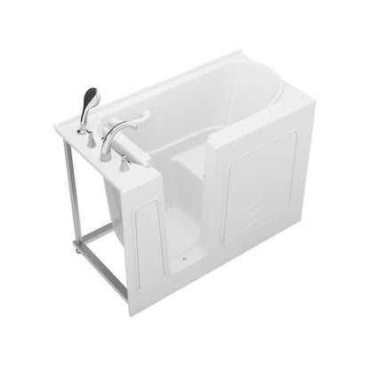 MediTub white left-side drain alcove bathtub with jetting soak feature and fast-filling chrome faucet set