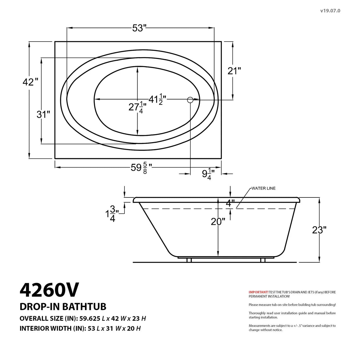 Vogue 42 x 60 Rectangular Air & Whirlpool Jetted Bathtub with Reversible Drain
