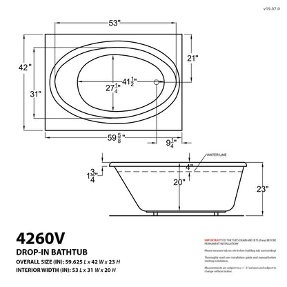 Vogue 42 x 60 Rectangular Air & Whirlpool Jetted Bathtub with Reversible Drain