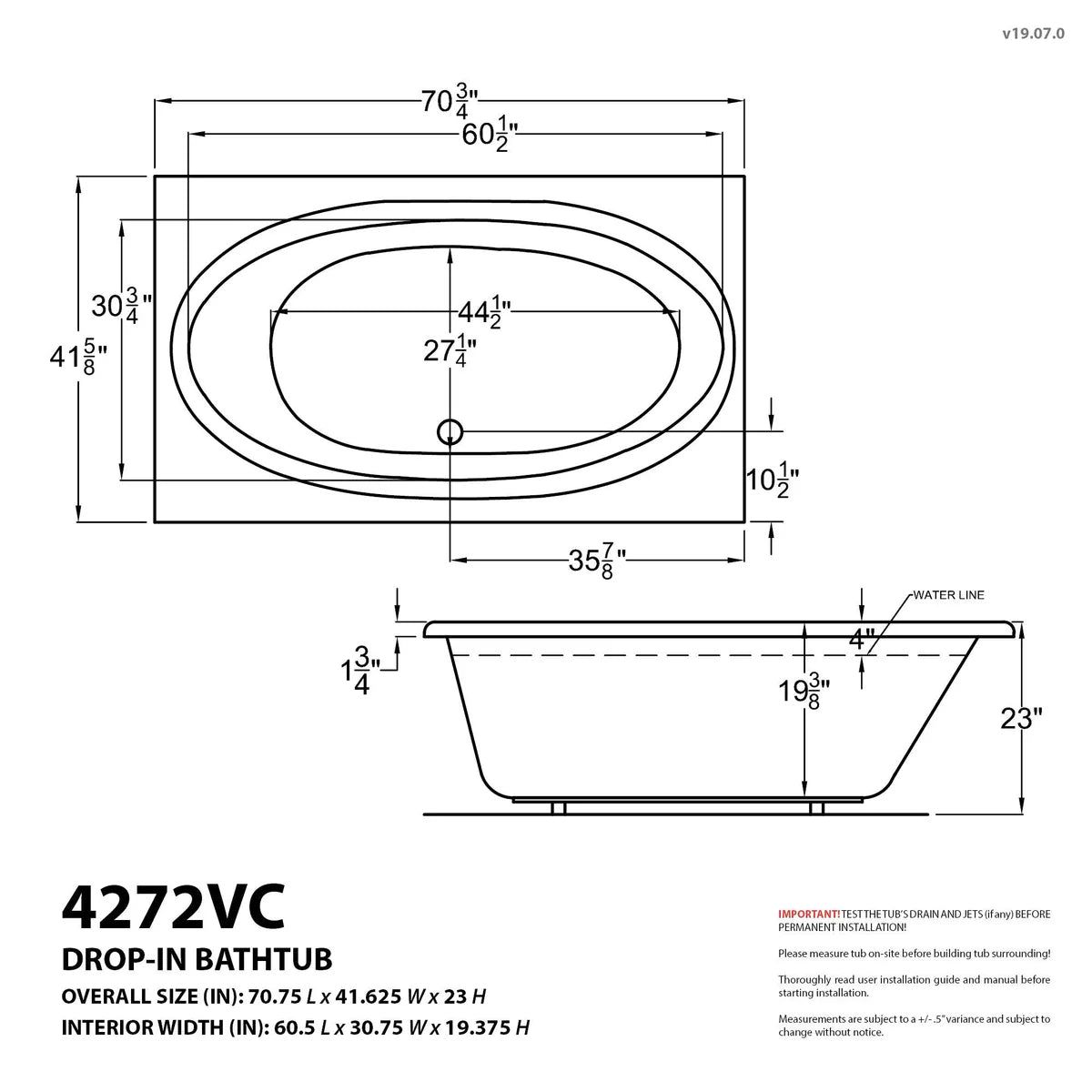 Vogue 42 x 72 Rectangular Air Jetted Bathtub with Reversible Drain