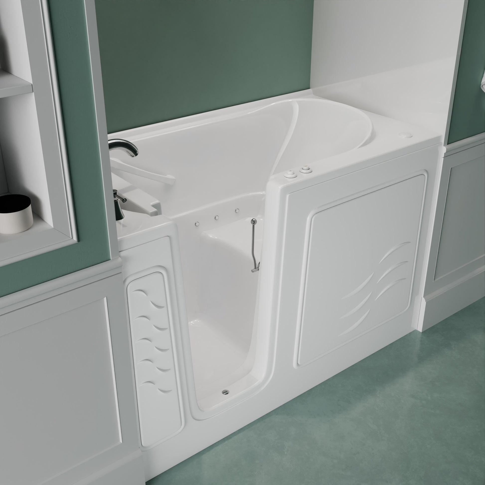 MediTub alcove bathtub, 30x59, white with left-side drain, air-jetted for aroma and chroma therapy