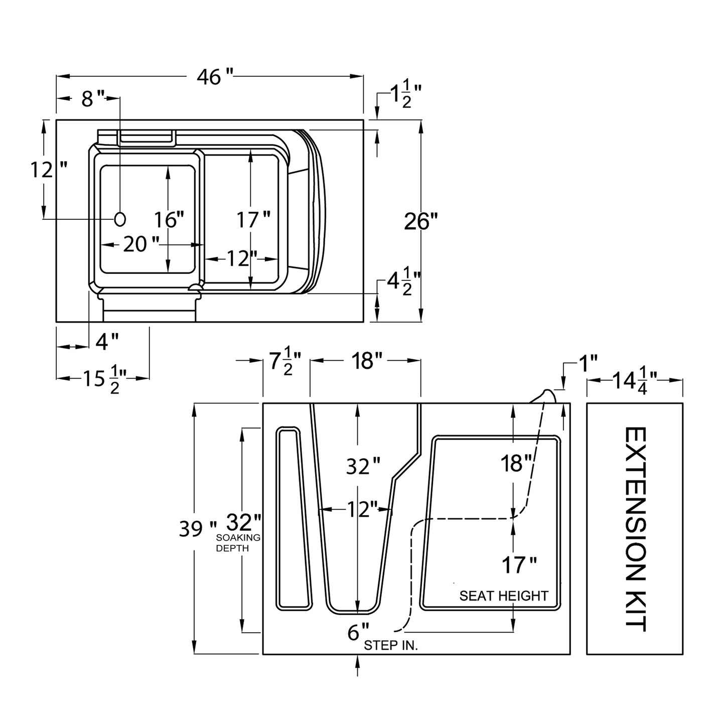 MediTub walk-in alcove bathtub, white with left drain, 26 x 46, whirlpool and air-jet spa.