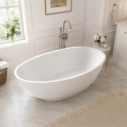 Ala Series 74 in. x 34 in. Flat Bottom Solid Surface Freestanding Soaking Bathtub with Center Drain in Matte White