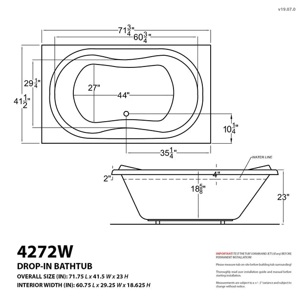 Star Series 72 in. x 42 in. Rectangular Air Bathtub with Center drain and Aromatherapy Bubbles in Glossy Smooth White