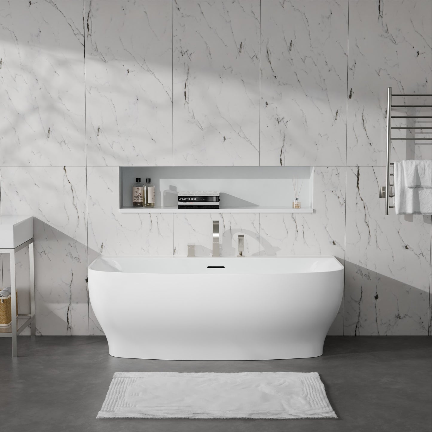 Bank Series 65 in. x 31 in. Flat Bottom Acrylic Freestanding Soaking Bathtub with Center Drain, Brushed Nickel Faucet