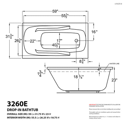 Eros 32 x 60 Rectangular Air & Whirlpool Jetted Bathtub with Reversible Drain