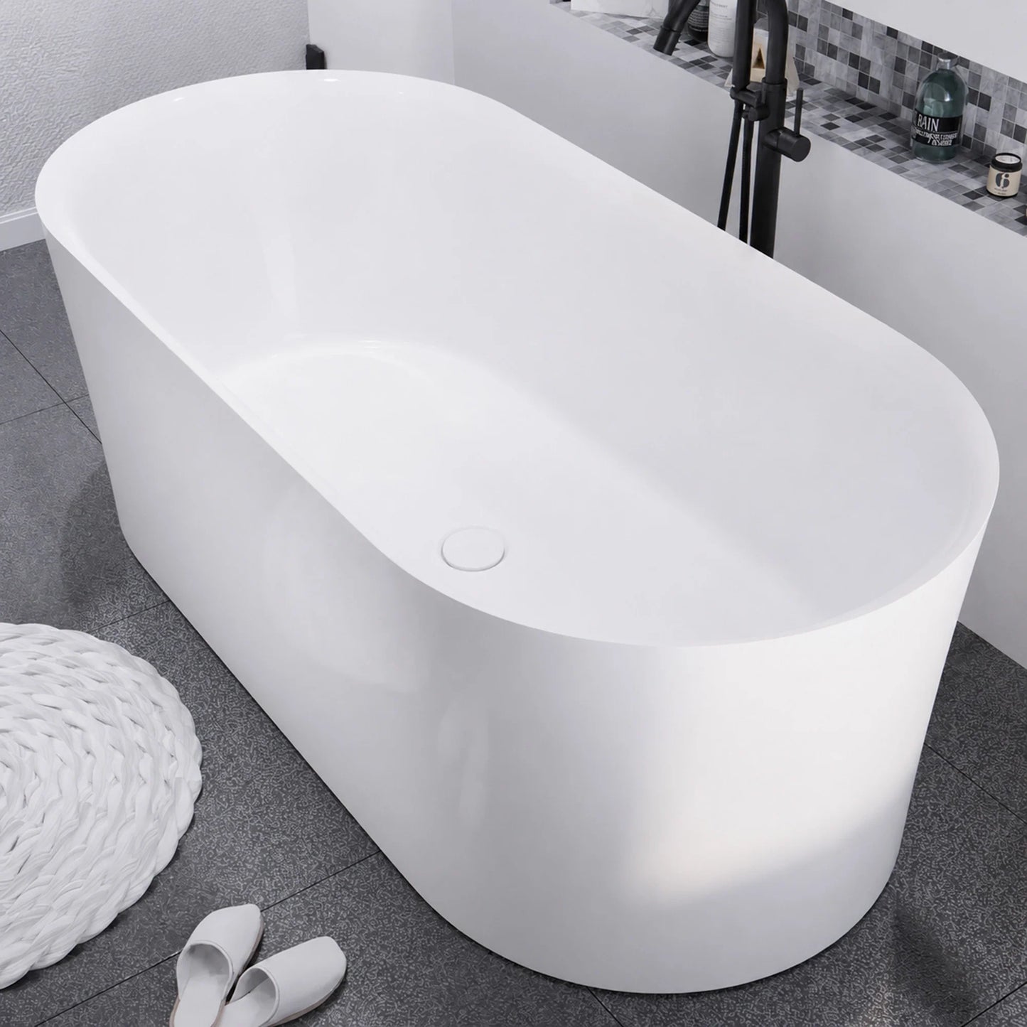 Jericho Series 67 in. x 32 in. Flat Bottom Acrylic Freestanding Air Jetted Bathtub with Center Drain in Glossy White