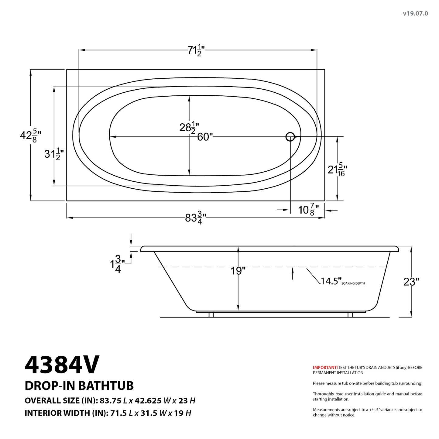 Vogue 43 x 84 Rectangular Soaking Bathtub with Reversible Drain