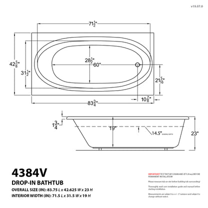 Vogue  42.625 x 83.75in. Air and Whirlpool Jetted Bathtub in White with Reversible Drain