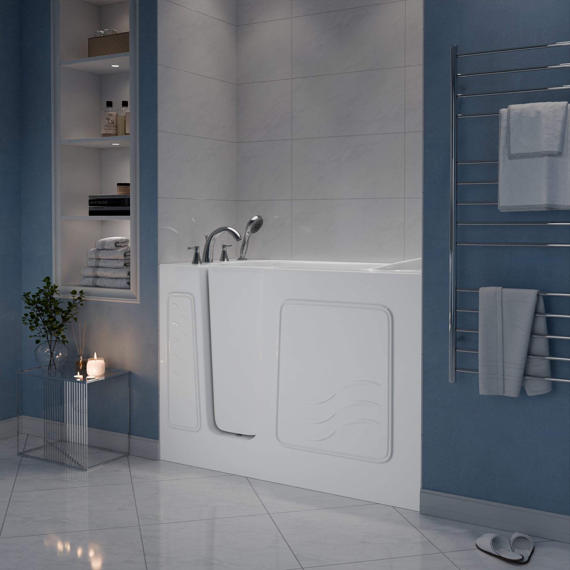 MediTub 26 x 53 left-drain alcove jetted soaker bathtub in white with chrome faucet and fast-fill set.