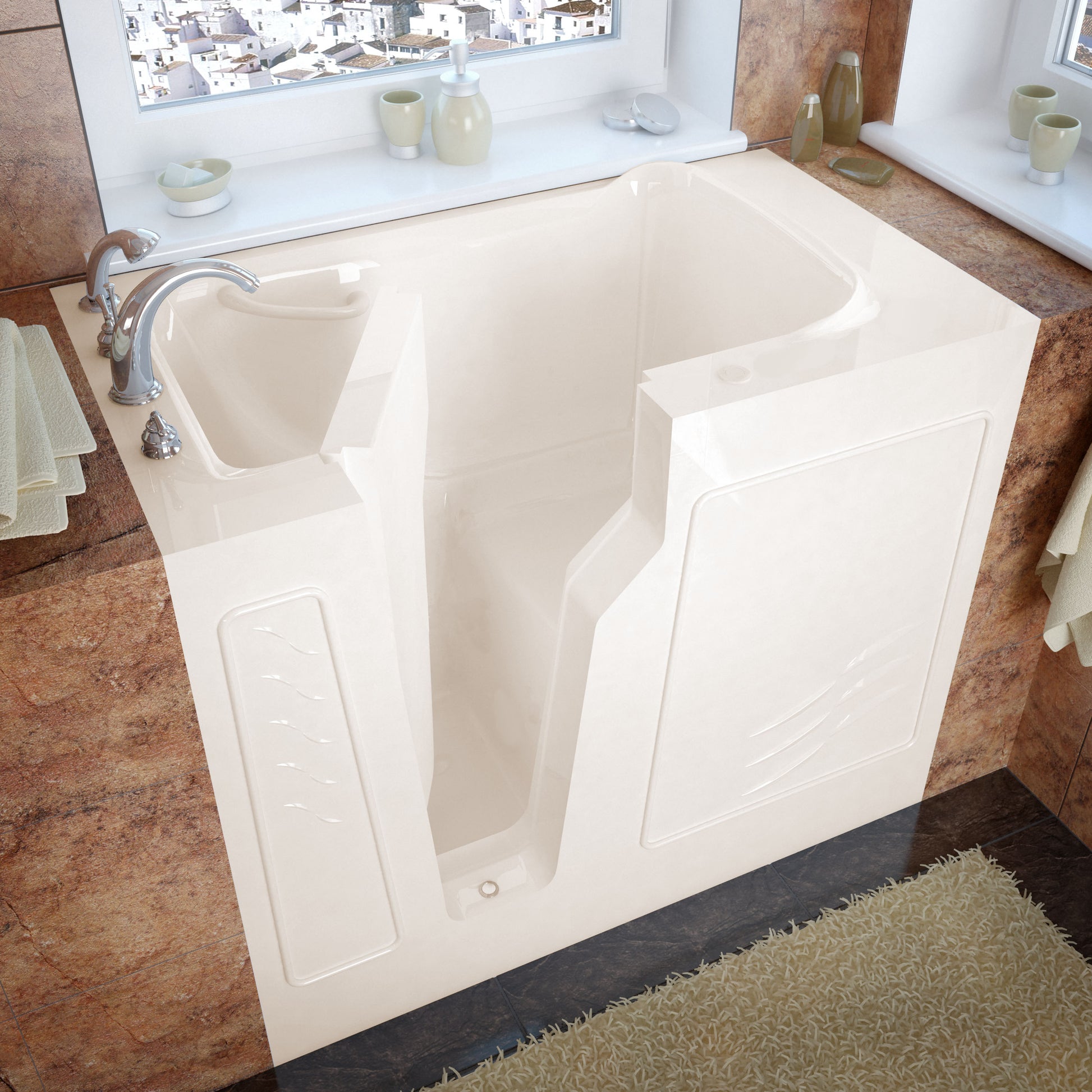 MediTub biscuit-colored walk-in soaking bathtub, 26 x 46, left drain, with chrome faucet and glossy finish.