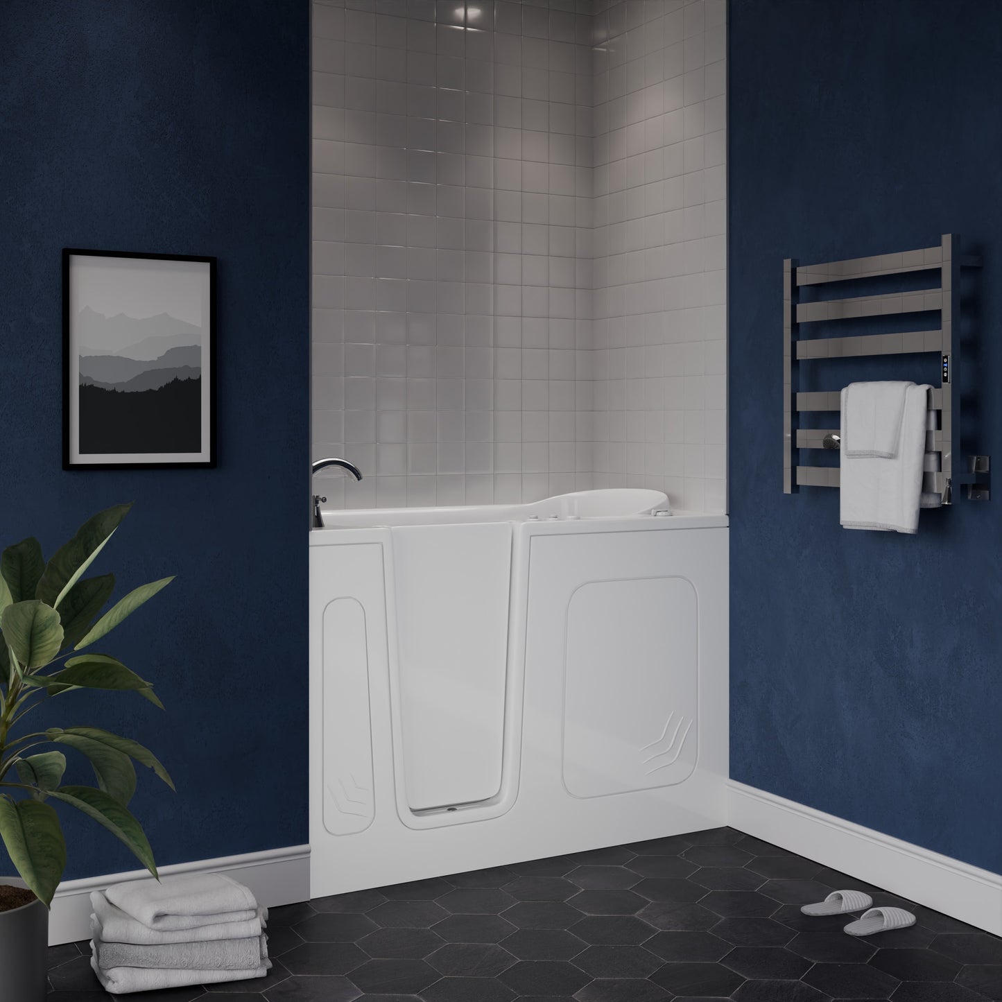 MediTub white walk-in alcove tub with front panel in a blue bathroom