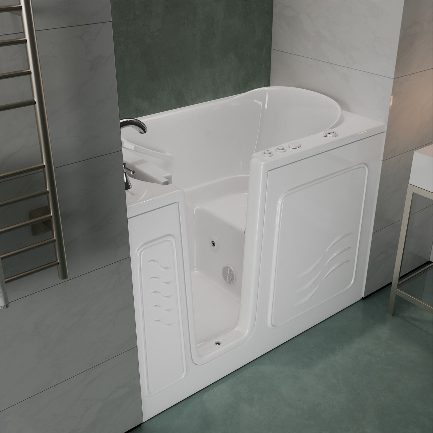MediTub 30x52 white whirlpool jetted bathtub with left drain and powered fast drain