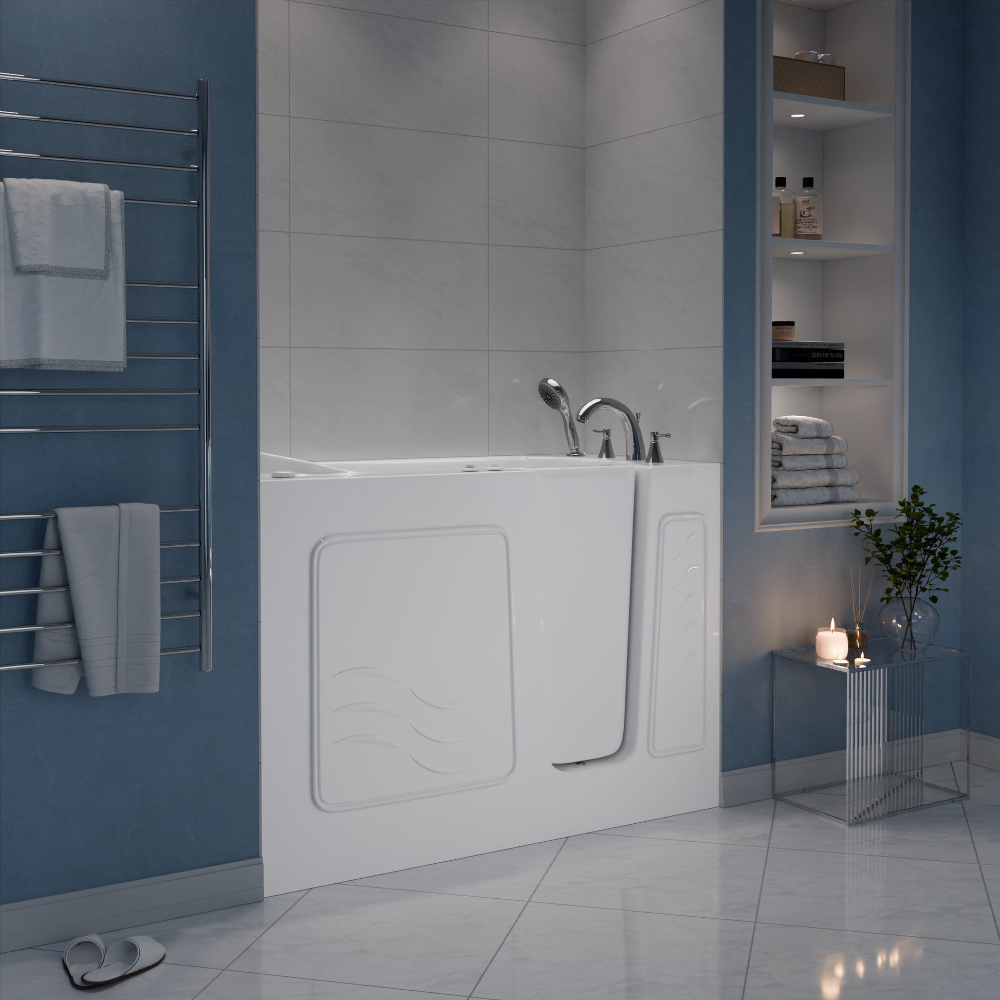 MediTub Collection 26x53 white alcove bathtub with right-side drain and air jets for aroma and chroma therapy