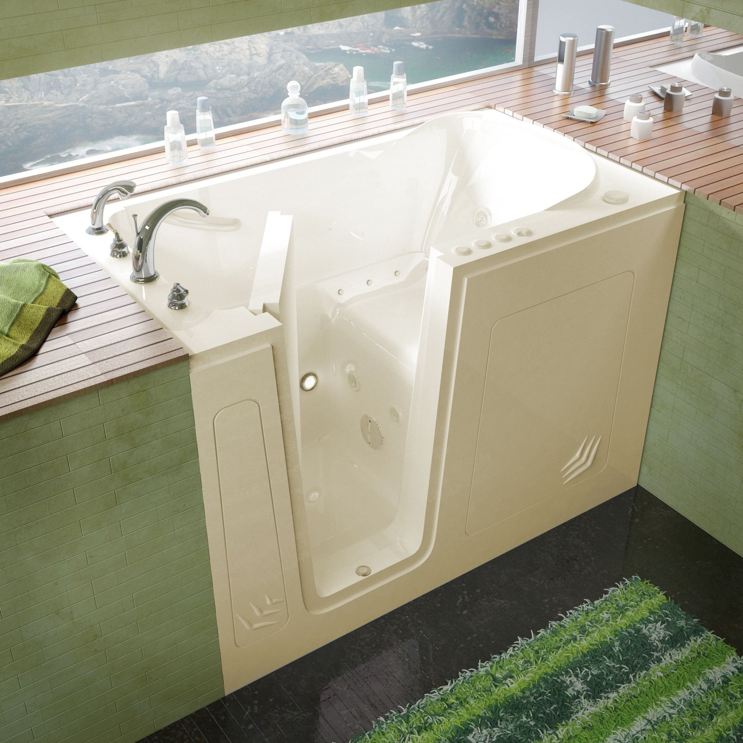 MediTub 30x54 left-drain biscuit walk-in bathtub with whirlpool and air jets.