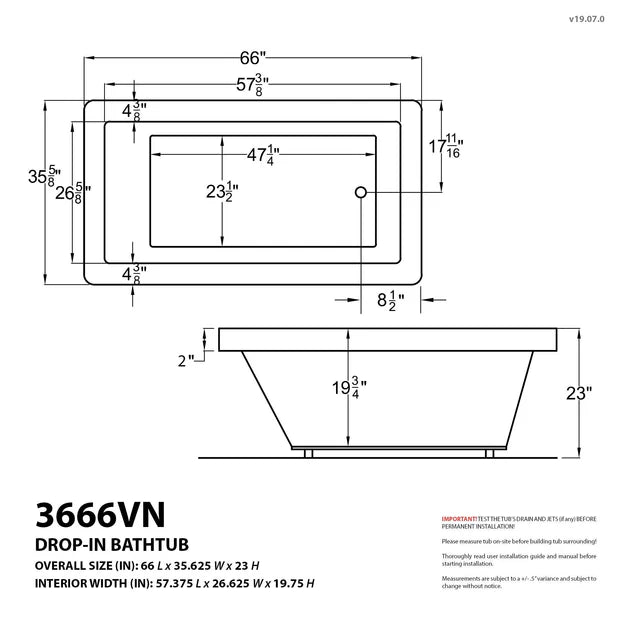 Atlantis Whirlpools Venetian 36 x 66 Rectangular Air Jetted Bathtub