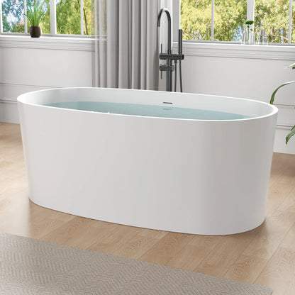 Roccia Series 61 in. x 31 in. Flat Bottom Solid Surface Freestanding Soaking Bathtub with Center Drain in Matte White
