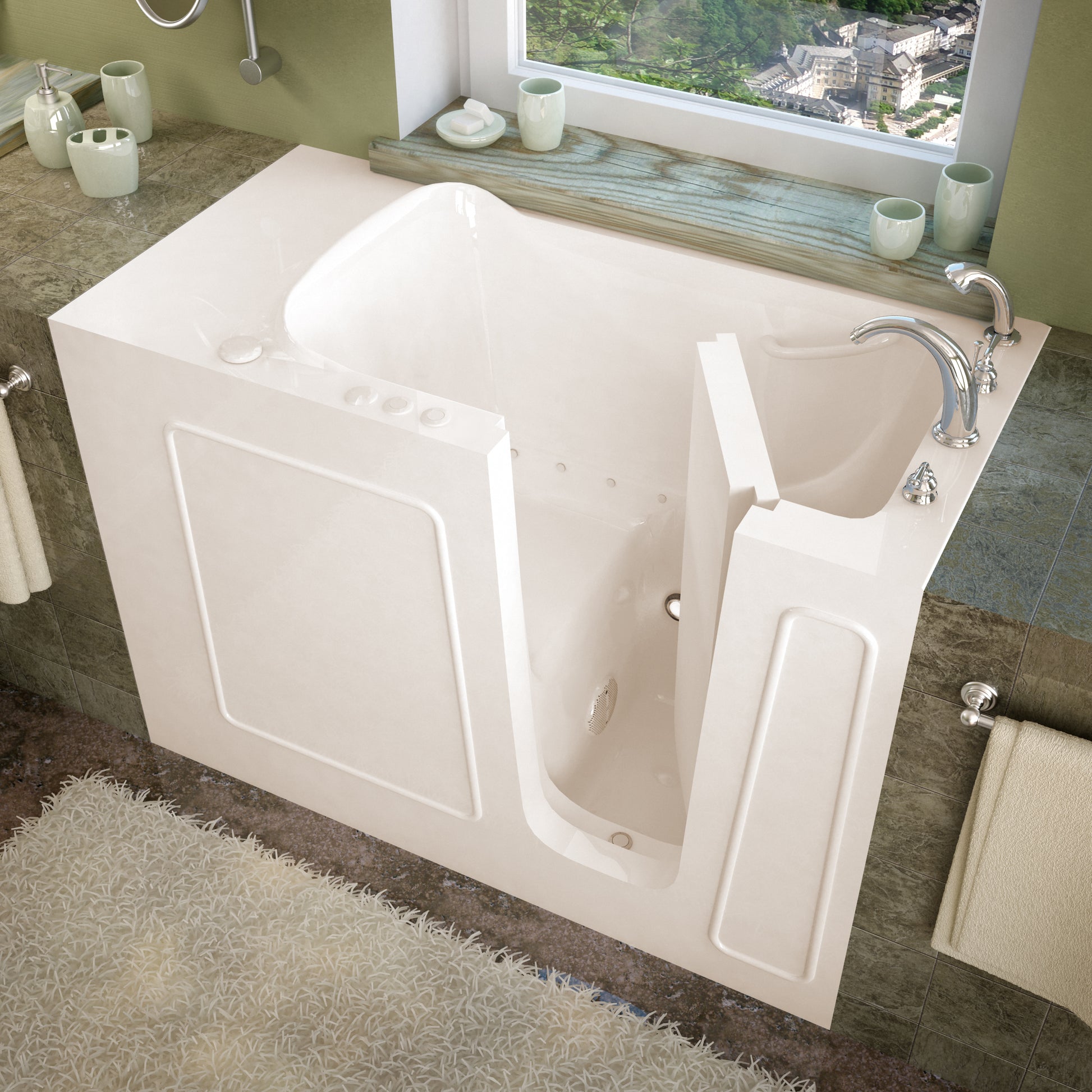 MediTub Walk-In bathtub in biscuit finish, 26 x 53 inches with right drain, air-jetted feature, chrome faucet