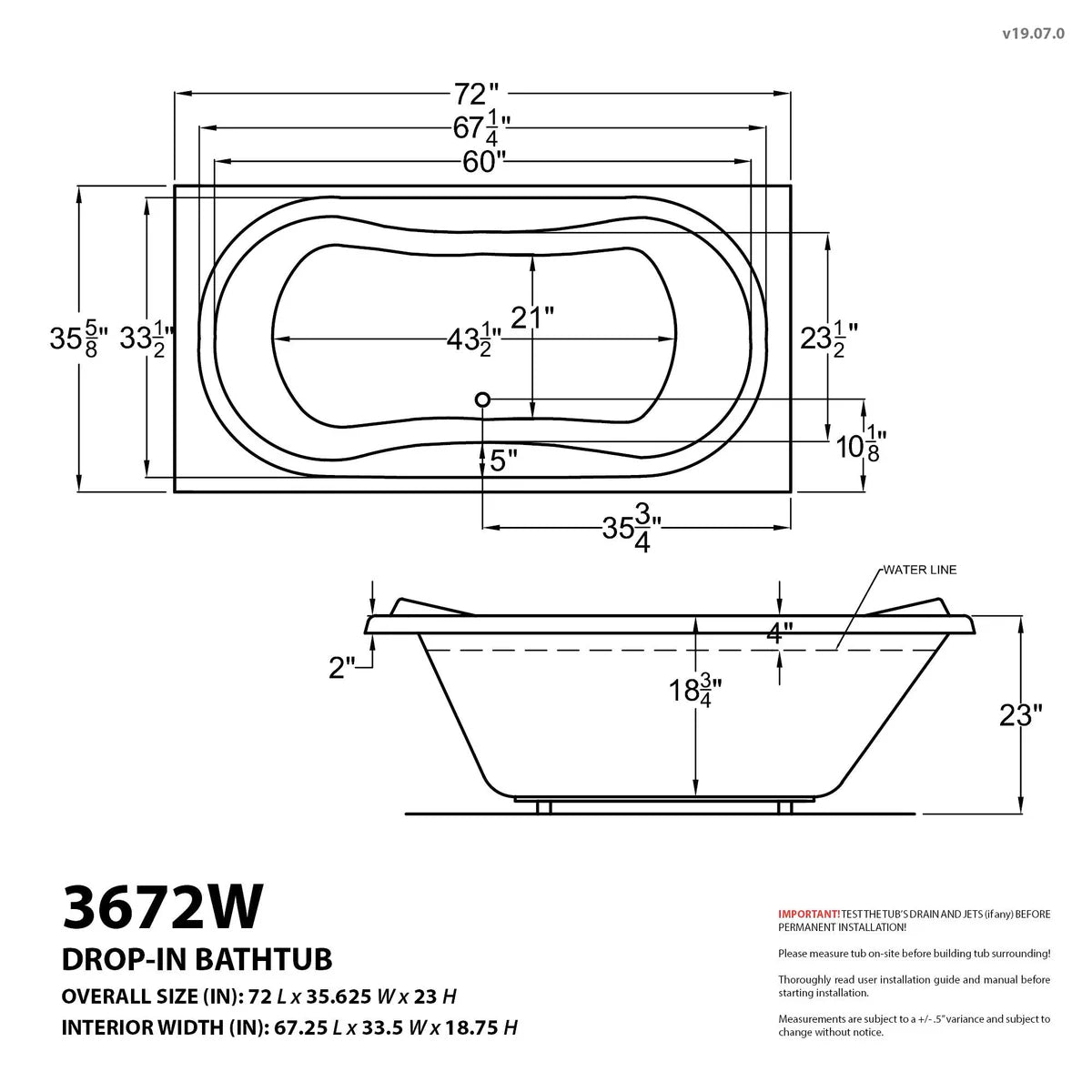 Whisper 36 x 72 Rectangular Air Jetted Bathtub with Reversible Drain