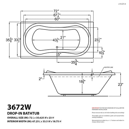 Whisper 36 x 72 Rectangular Air Jetted Bathtub with Reversible Drain