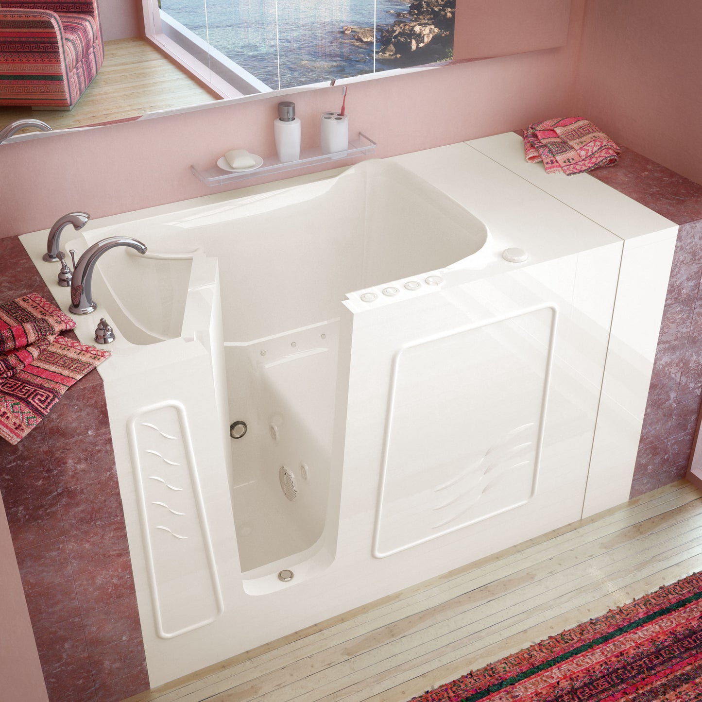 MediTub biscuit walk-in bathtub with left drain, whirlpool and air jets.