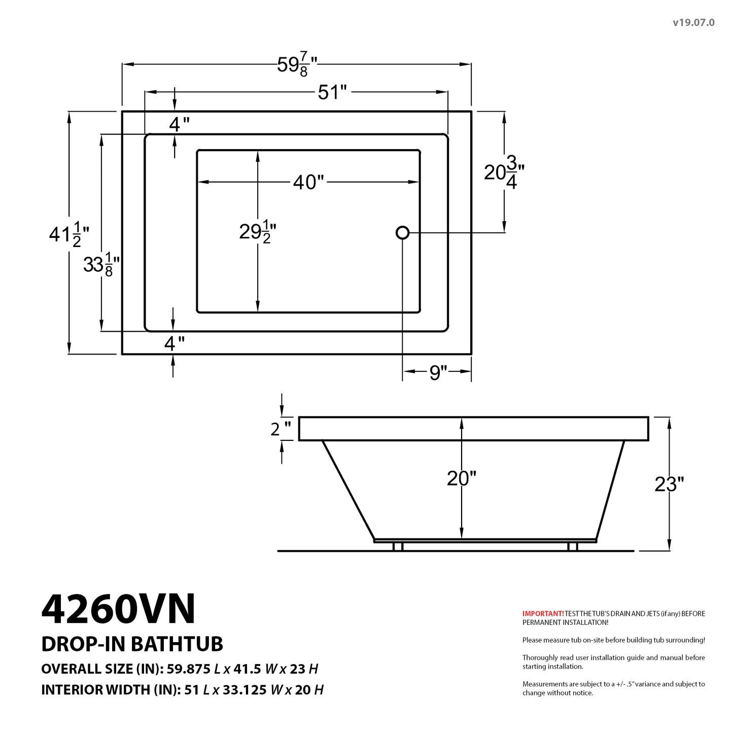 Venetian 42 x 60 Rectangular Soaking Bathtub with Reversible Drain
